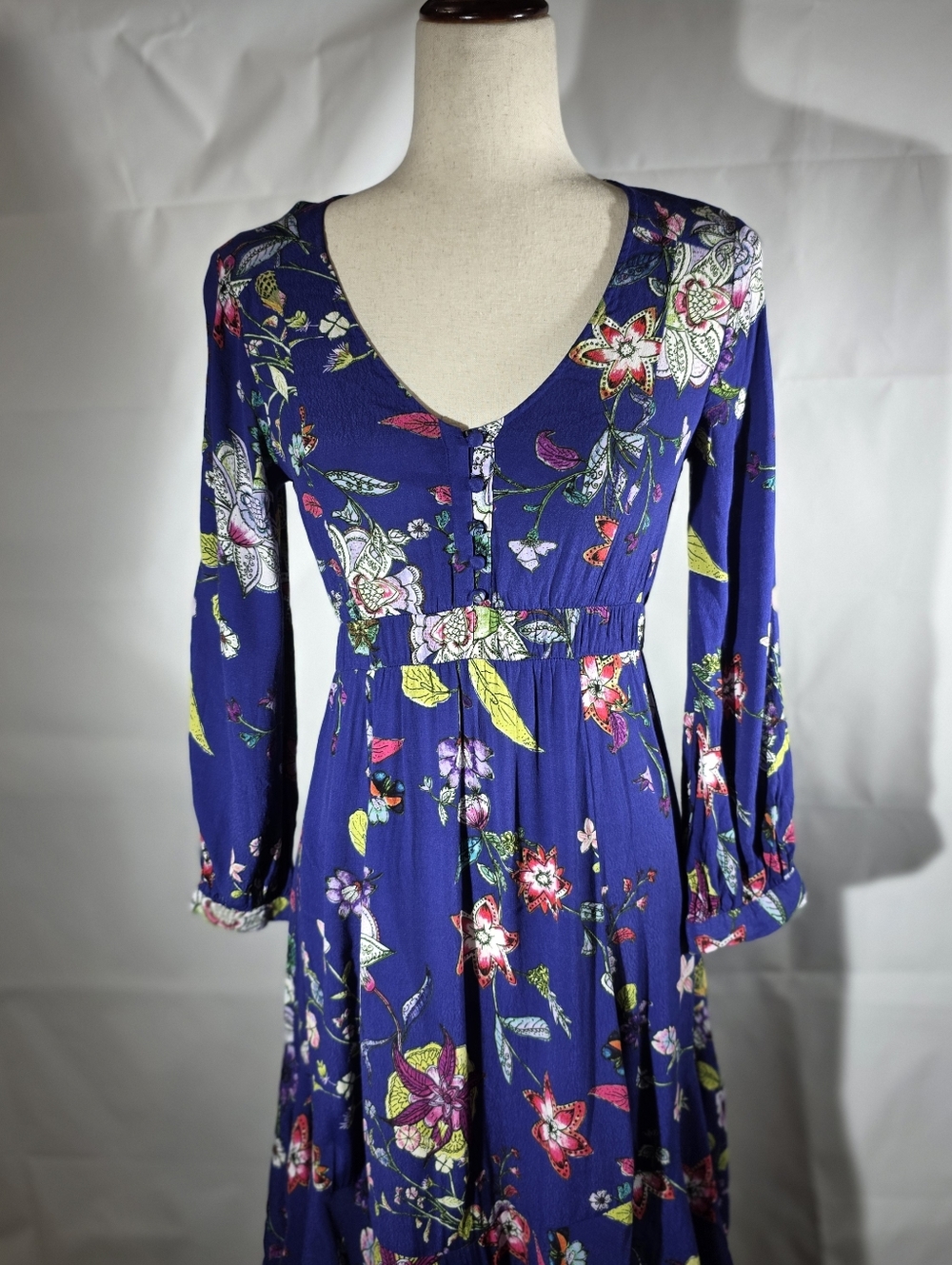 Maeve‎ Anthropologie Maplewood Blue Floral Long Sleeve Button Front Dress XS